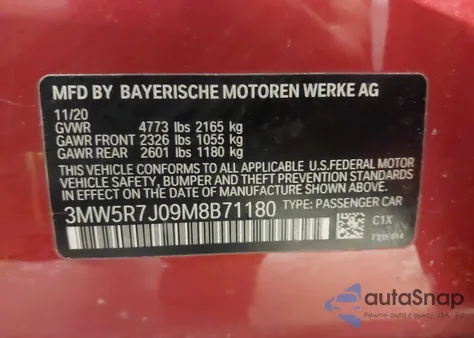 2021 BMW 330I xDrive из США, поврежденный, VIN 3MW5R7J09M8B71180